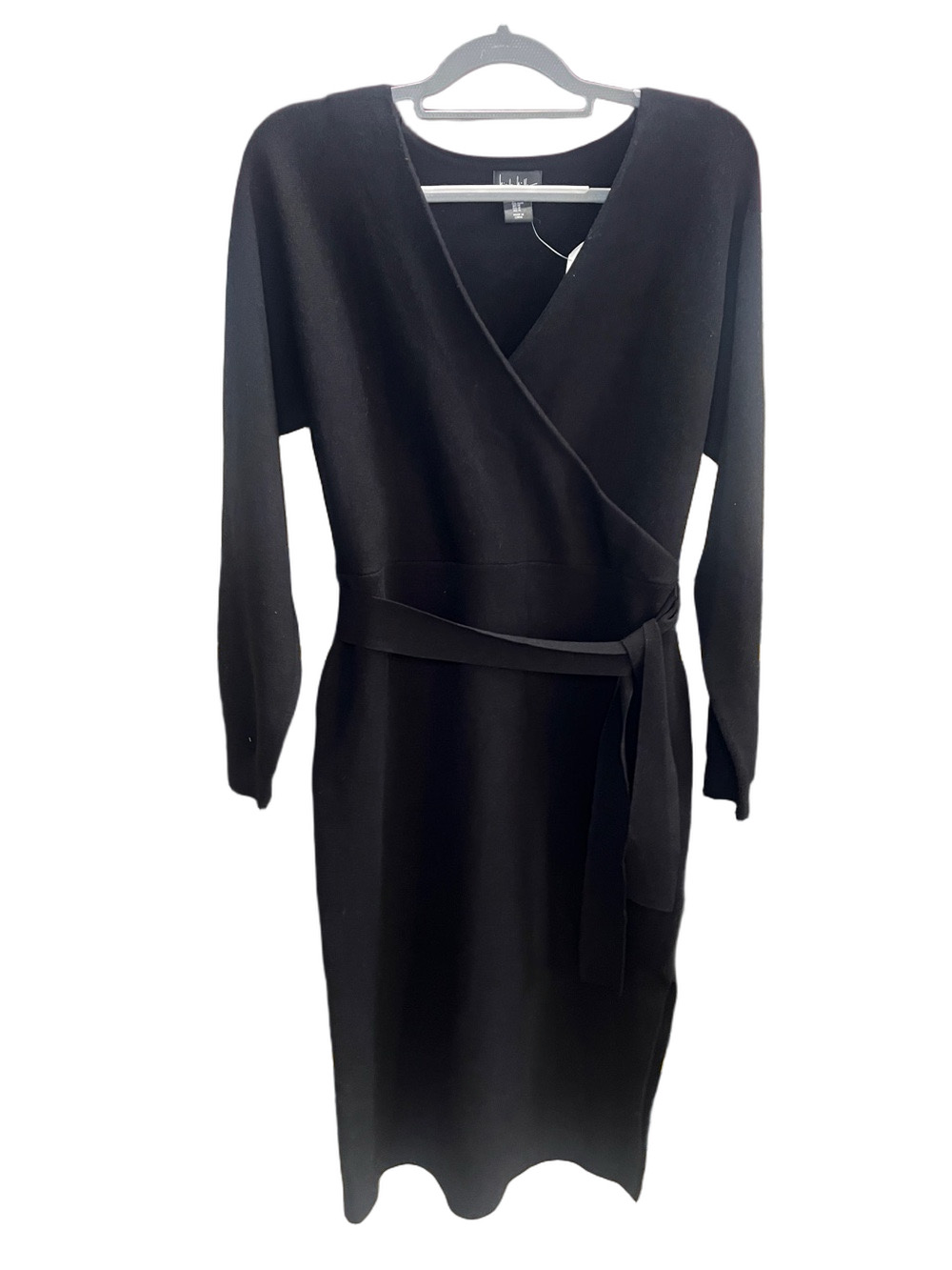 Nicole Miller Black Wrap-Style Long Sleeve Midi Sweater Dress
